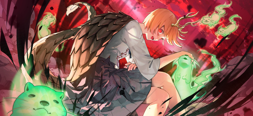 1girl :d antlers blonde_hair blue_shirt blue_skirt cloud darkness dragon_tail fangs fingernails kicchou_yachie looking_at_viewer non-web_source official_art open_mouth otter_spirit_(touhou) outdoors petting pleated_skirt red_eyes red_sky second-party_source shirt short_hair sideways_glance skirt skull sky smile solo syuri22 tail teeth touhou touhou_gensou_eclipse turtle_shell