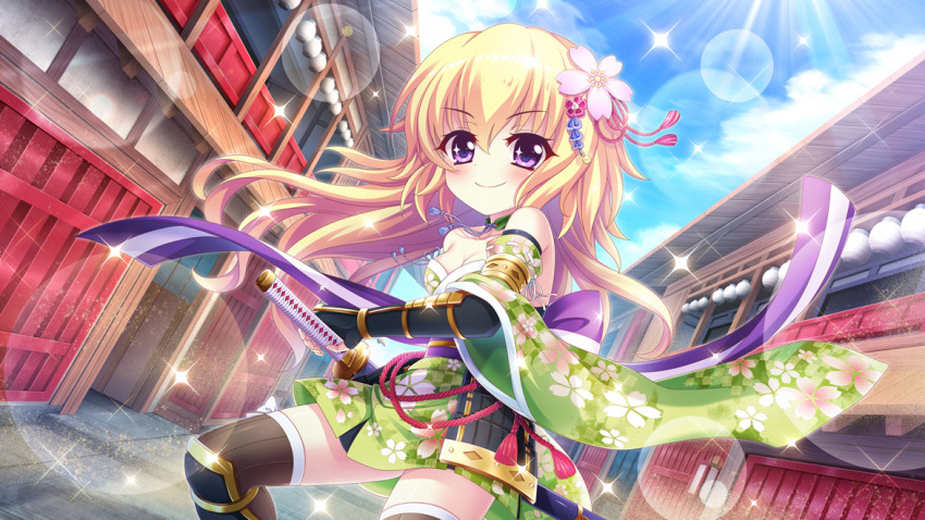 &gt;:) 1girl alley architecture armlet armor bare_shoulders blonde_hair blue_sky breasts brown_thighhighs cleavage closed_mouth cloud day dot_nose dutch_angle east_asian_architecture fighting_stance film_grain flower game_cg green_kimono hair_flower hair_ornament hasegawa_mii izumi_tsubasu japanese_armor japanese_clothes katana kimono lens_flare long_hair looking_at_viewer non-web_source obi off_shoulder official_art outdoors pink_flower print_kimono purple_eyes purple_sash re:stage! samurai sash shin_guards sky small_breasts smile solo sparkle sparkling_eyes sunlight sword thighhighs v-shaped_eyebrows vambraces weapon zettai_ryouiki