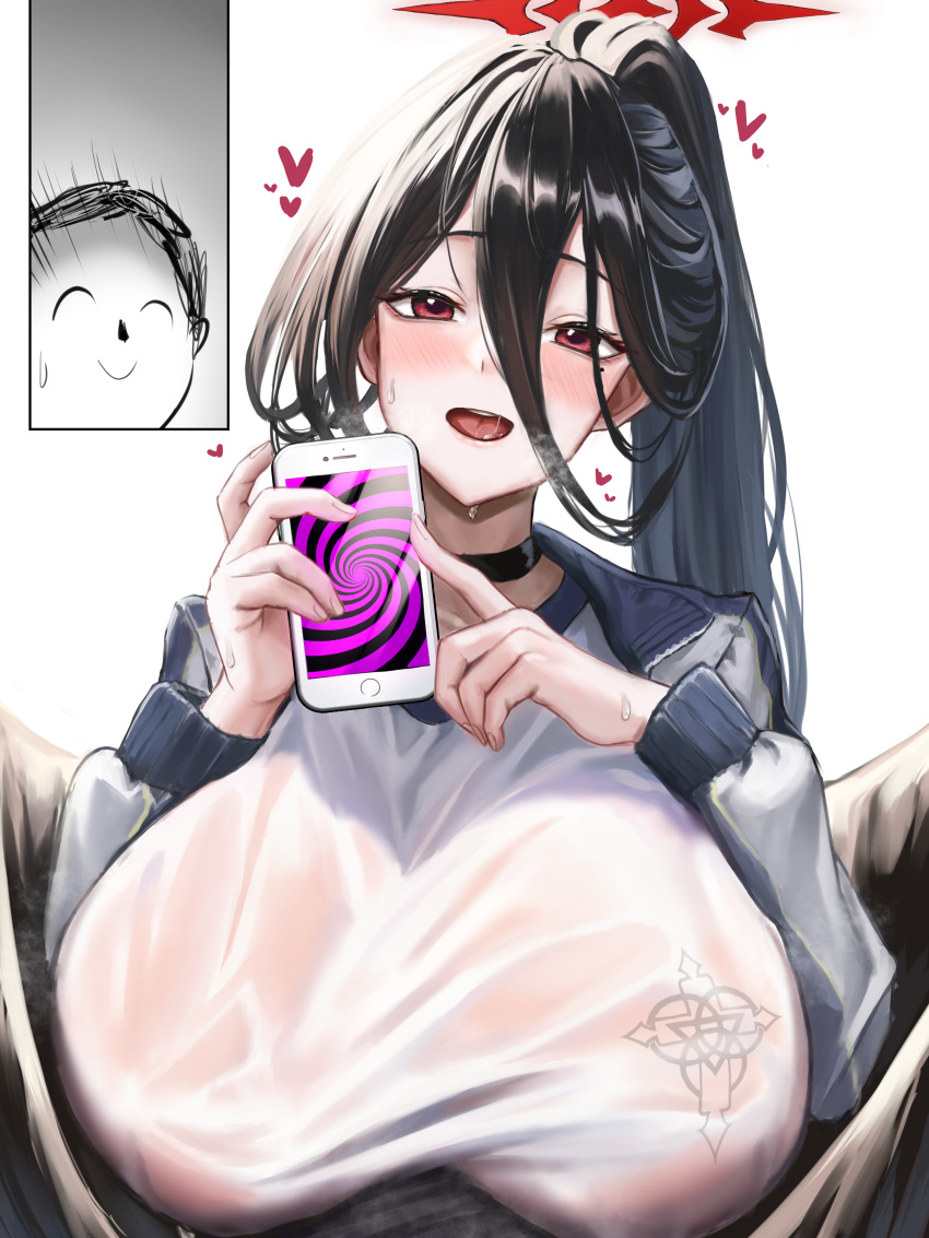 1girl absurdres black_hair blue_archive breasts cellphone doodle_sensei_(blue_archive) gym_uniform halo hasumi_(blue_archive) hasumi_(track)_(blue_archive) highres holding holding_phone huge_breasts looking_at_viewer mole mole_under_eye official_alternate_costume open_mouth penti phone red_eyes sensei_(blue_archive) smartphone