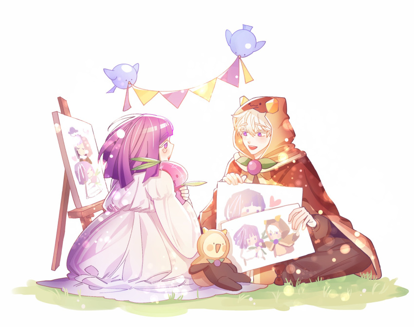 1boy 1girl animal bbbingbeok bird blackberry_cookie blonde_hair blunt_tresses blush child's_drawing cloak cookie_run crying dress easel highres holding holding_drawing holding_stuffed_toy hood hooded_cloak indian_style long_hair long_sleeves looking_at_another onion_cookie open_mouth pancake_cookie purple_eyes purple_hair sitting smile string_of_flags stuffed_toy tears