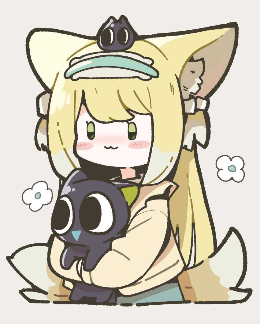 1girl :3 absurdres animal animal_ear_fluff animal_ears arknights black_cat blonde_hair blue_hairband blush_stickers cardigan cat colored_tips commentary_request creature creature_on_head fox_ears fox_girl fox_tail green_eyes hairband heixiu highres holding holding_animal holding_cat ingsae kitsune korean_commentary kyuubi long_hair long_sleeves luo_xiaohei luo_xiaohei_zhanji multicolored_hair multiple_tails official_alternate_costume on_head solid_oval_eyes suzuran_(arknights) suzuran_(spring_praise)_(arknights) tail white_hair yellow_cardigan