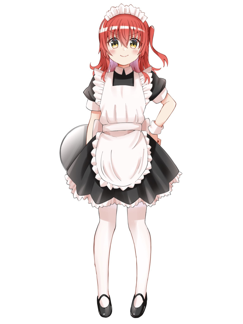 &gt;:) 1girl alternate_costume apron black_footwear black_shirt black_skirt blush bocchi_the_rock! closed_mouth commentary enmaided eyes_visible_through_hair frilled_apron frilled_skirt frills full_body hair_between_eyes hand_on_own_hip hellfire00001 highres holding holding_tray kita_ikuyo long_hair looking_at_viewer maid maid_apron maid_headdress mary_janes one_side_up pantyhose puffy_short_sleeves puffy_sleeves red_hair sailor_collar shirt shoes short_sleeves simple_background skirt smile smug solo standing straight-on tray v-shaped_eyebrows white_apron white_background white_pantyhose white_sailor_collar yellow_eyes