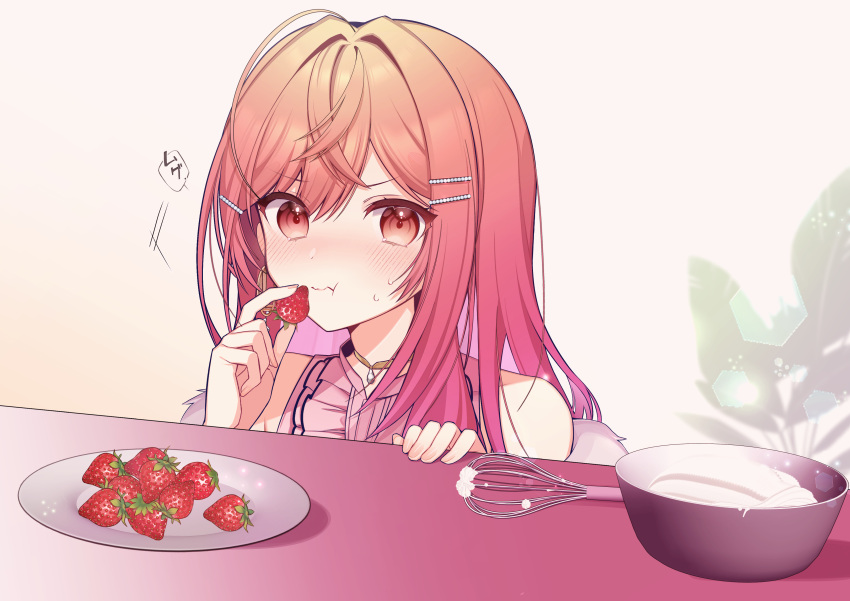 1girl absurdres eating fingernails food fruit highres hololive hololive_dev_is ichijou_ririka orange_eyes orange_hair pink_shirt plate shirt strawberry uehara_(dormmmmir_) virtual_youtuber whipped_cream whisk