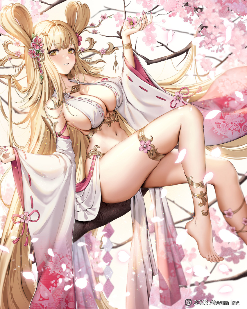 1girl amaterasu_(mythology) bare_hips bare_shoulders blonde_hair blush bow bracelet branch breasts cherry_blossom_print cherry_blossoms cleavage detached_sleeves floral_print flower gold_bracelet hair_bow hair_rings hair_tubes highres holding holding_flower jademoon jewelry large_breasts long_hair looking_at_viewer nail_polish navel petals pink_flower pink_nails sangoku_taisen_smash! sideboob sitting sitting_on_branch skindentation solo thighlet very_long_hair wide_sleeves yellow_eyes