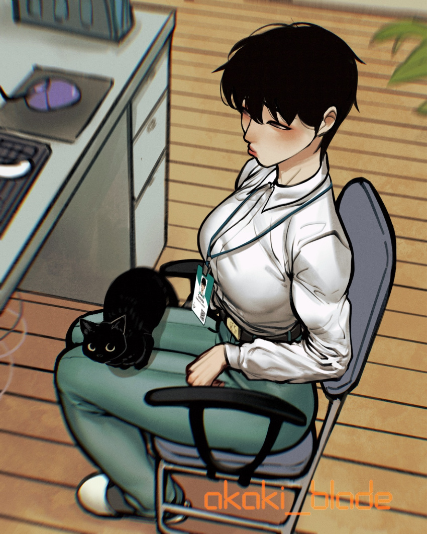 1girl animal_on_lap ayaki_d black_hair blurry breasts brown_eyes cat cat_on_lap chair chromatic_aberration commentary_request depth_of_field desk full_body green_pants highres id_card keyboard_(computer) lanyard medium_breasts mouse_(computer) office_lady on_lap original pants pout shirt short_hair sitting slippers solo tomoka_(ayaki) toned twitter_username white_shirt