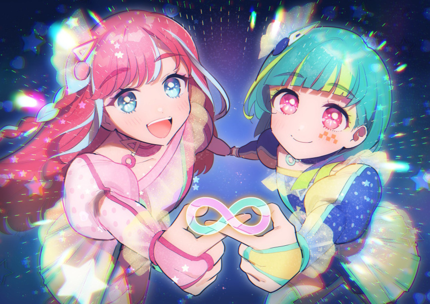 2girls :d blue_background blue_dress blue_eyes blue_hair blunt_bangs braid closed_mouth commentary_request dress eyeshadow facial_mark green_eyeshadow green_hair hibino_matsuri hibino_matsuri_(primagista) highres holding_hands idol_clothes infinity_symbol juliet_sleeves long_hair long_sleeves looking_at_viewer makeup multicolored_hair multiple_girls omega_auru omega_auru_(primagista) open_mouth oshiri_(o4ritarou) pink_dress pink_eyes pink_eyeshadow pink_hair pretty_series puffy_sleeves short_hair side_braid smile star_(symbol) streaked_hair very_long_hair waccha_primagi!