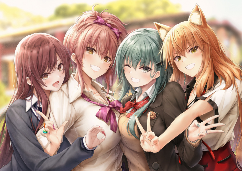 4girls absurdres animal_ears blonde_hair blush bow bowtie breasts brown_cardigan brown_eyes brown_hair brown_jacket cardigan cleavage collared_shirt crossover fate/extra fate/extra_ccc fate/extra_ccc_fox_tail fate_(series) fingernails fox_ears green_eyes green_hair green_nails grin hair_between_eyes hair_ornament hairclip highres idolmaster idolmaster_cinderella_girls idolmaster_shiny_colors jacket jewelry jougasaki_mika kantai_collection large_breasts long_hair long_sleeves multiple_crossover multiple_girls nail_polish neck-ribbon one_eye_closed open_mouth osaki_amana pink_bow pink_bowtie pink_hair pink_nails red_ribbon ribbon ring shirt smile suien suzuka_gozen_(fate) suzuya_(kancolle) suzuya_kai_ni_(kancolle) v wedding_ring white_shirt yellow_eyes