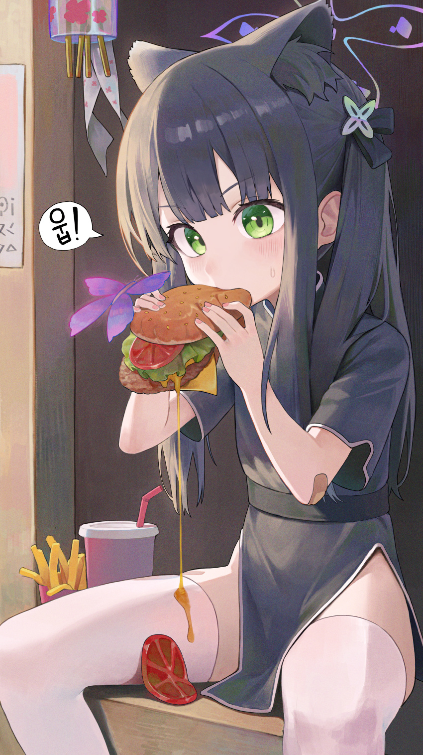 1girl absurdres animal animal_ears bandaid bandaid_on_arm black_dress black_hair blue_archive blush bug burger butterfly chinese_clothes dress eating feet_out_of_frame food green_eyes halo highres holding holding_food korean_text long_hair merong_(sou47897) purple_halo revision short_sleeves shun_(blue_archive) shun_(small)_(blue_archive) sitting solo speech_bubble thighhighs white_thighhighs