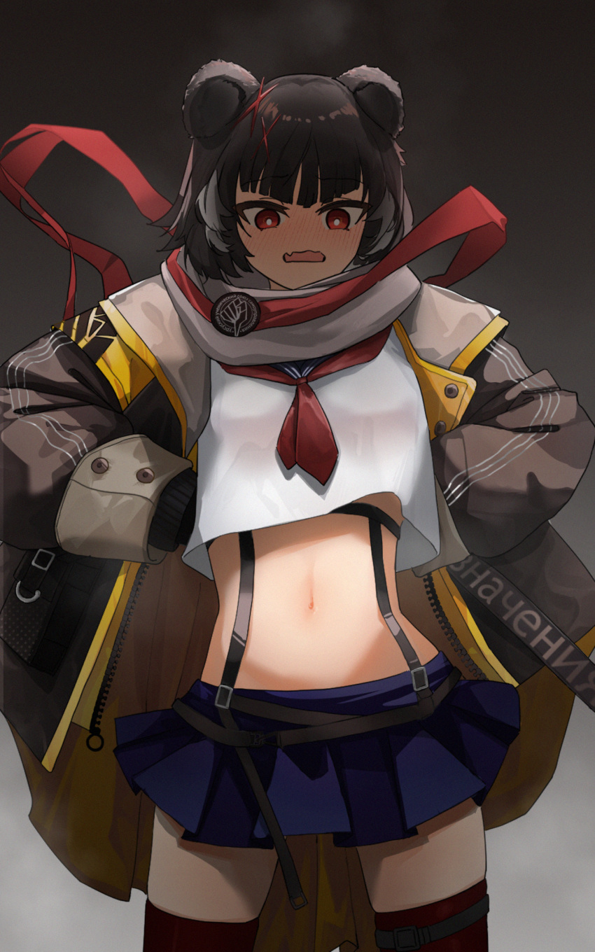 1girl absurdres animal_ears arknights bear_ears bear_girl black_hair blue_sailor_collar blue_skirt blush bright_pupils brown_jacket cowboy_shot cropped_shirt fang gradient_background grey_background grey_scarf hair_ornament hands_on_own_hips highres jacket leto_(arknights) long_sleeves midriff multicolored_hair navel necktie open_clothes open_jacket open_mouth pleated_skirt red_eyes red_necktie red_ribbon red_thighhighs ribbon sailor_collar scarf school_uniform serafuku shirt short_hair simple_background skin_fang skirt solo streaked_hair thighhighs white_hair white_pupils white_shirt x_hair_ornament xuxinqi