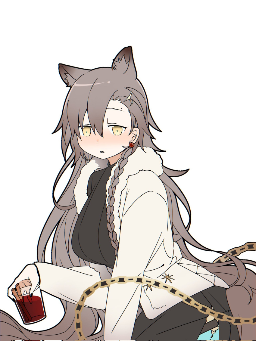 1girl alcohol animal_ear_fluff animal_ears arknights black_dress blush braid breasts cinnamon_stick commentary corrupted_twitter_file cup dress earrings extra_ears fur-trimmed_jacket fur_trim hair_between_eyes highres holding holding_cup jacket jewelry large_breasts long_hair long_sleeves looking_at_viewer mole mole_above_mouth official_alternate_costume parted_lips penance_(arknights) penance_(occasionally_flushed)_(arknights) solo tail very_long_hair white_jacket wolf_ears wolf_girl wolf_tail wqn0930 yellow_eyes