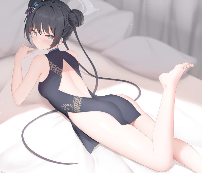 1girl absurdres ass barefoot bed_sheet black_dress black_hair blue_archive blush breasts butterfly_hair_ornament china_dress chinese_clothes doraski double_bun dragon_print dress grey_eyes grey_halo hair_bun hair_ornament halo highres indoors kisaki_(blue_archive) long_hair looking_at_viewer lying on_stomach parted_lips pillow signature sleeveless sleeveless_dress small_breasts solo the_pose thighs toes twintails