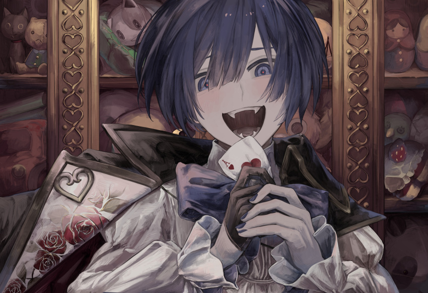 1boy absurdres black_gloves blue_eyes blue_hair blue_nails blush card crazy_eyes dark_blue_hair doll facing_viewer fangs frilled_sleeves frills gloves hair_between_eyes half_gloves highres holding holding_card jacket jacket_on_shoulders kaito_(vocaloid) looking_at_viewer male_focus matryoshka_doll nail_polish open_mouth pale_skin playing_card portrait shelf shirt short_hair smile solo stuffed_toy user_uaja7725 vocaloid white_shirt