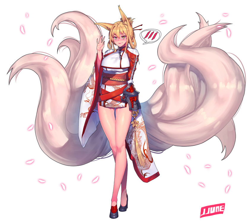 animal_ears artist_name bare_legs blonde_hair blush china_dress chinese_clothes commentary_request dragon_print dress folded_ponytail fox_ears fox_tail hair_ornament hair_stick jjune long_legs long_sleeves multiple_tails obi original sash solo spoken_blush tail wide_sleeves yellow_eyes