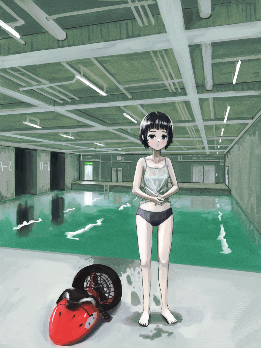 1girl absurdres barefoot black_bikini_bottom black_eyes black_hair camisole door highres indoors looking_at_viewer navel okura_lino original pool pool_ladder scenery short_hair solo water wet white_camisole