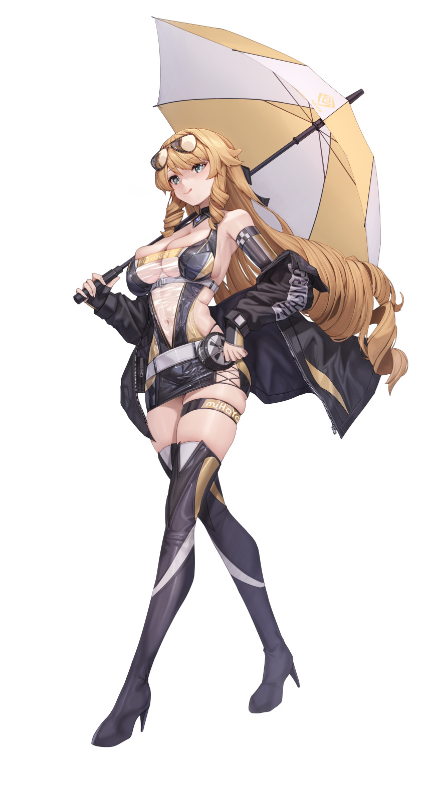 :q absurdres alternate_costume belt_pouch blonde_hair blue_eyes boots breasts cleavage dress drill_hair eyewear_on_head genshin_impact high_heel_boots high_heels highres long_hair looking_at_viewer mung_(larnec) navel navia_(genshin_impact) off_shoulder pencil_dress pouch race_queen see-through see-through_cleavage short_dress sideboob simple_background skindentation smile thigh_boots thigh_strap tongue tongue_out umbrella white_background