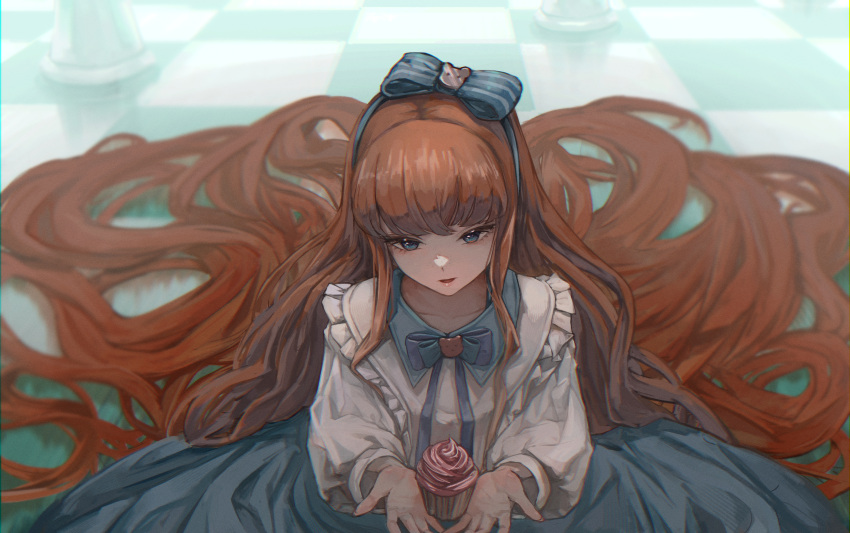 1girl baby_blue blue_eyes bow bowtie cake checkered_floor chess_piece cupcake dress food hair_ribbon highres holding holding_cake holding_food koongsim long_bangs long_dress long_hair open_mouth orange_hair reverse:1999 ribbon very_long_hair