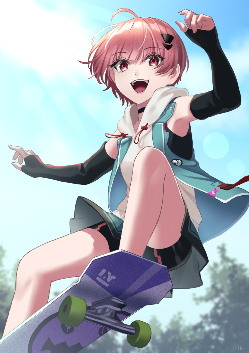 1girl absurdres bike_shorts character_request check_character choker day elbow_gloves fingerless_gloves gloves hair_ornament heaven_burns_red highres hood hooded_vest hoodie jumping matsuoka_chiroru nil_(pixiv_53614557) ollie_(skateboarding) open_mouth outdoors pink_eyes pink_hair short_hair skateboard skateboarding skirt sky smile solo vest