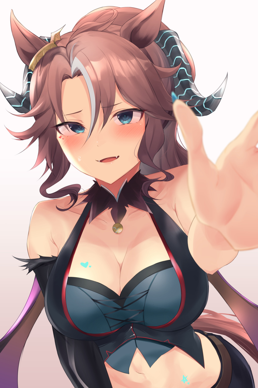 1girl absurdres animal_ears bare_shoulders black_shirt blue_eyes blush breasts cleavage commentary_request cropped_shirt ear_ornament fangs fingernails gradient_background hair_between_eyes highres horns horse_ears horse_girl horse_tail large_breasts long_hair mejiro_palmer_(devil_in_the_moonlight)_(umamusume) mejiro_palmer_(umamusume) midriff navel official_alternate_costume official_alternate_hairstyle open_mouth outstretched_hand ponytail sharp_fingernails shirt single_sleeve sleeveless sleeveless_shirt smile solo tail umamusume yomesuket