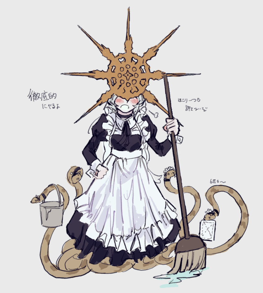 1girl alternate_costume animal apron black_choker black_dress blush broom bucket choker dark_souls_(series) dark_souls_i dark_sun_gwyndolin dress enmaided full_body gold_headwear grey_background hand_on_own_hip highres holding holding_broom juliet_sleeves long_sleeves maid puffy_sleeves simple_background snake solo spiked_helmet translation_request water white_apron zunkome