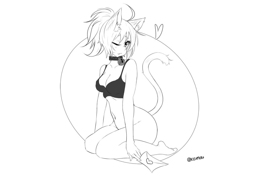 &lt;3 ahoge animal_ears animal_humanoid animal_tail bell bell_collar black_clothing black_topwear bottomless breasts cat_humanoid cleavage clothed clothing collar eyelashes felid felid_humanoid feline feline_humanoid female hair humanoid kisomuro kneeling letter looking_at_viewer mammal mammal_humanoid monochrome mostly_nude navel one_eye_closed simple_background small_breasts solo thick_thighs topwear white_background wide_hips wink winking_at_viewer