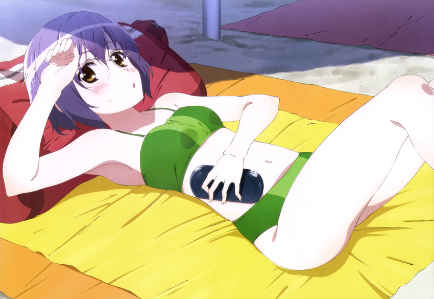 :o absurdres bikini blush brown_eyes glasses green_bikini handheld_game_console highres lying nagato_yuki nagato_yuki-chan_no_shoushitsu non-web_source nyantype official_art on_back playstation_portable purple_hair short_hair solo suzumiya_haruhi_no_shoushitsu suzumiya_haruhi_no_yuuutsu swimsuit