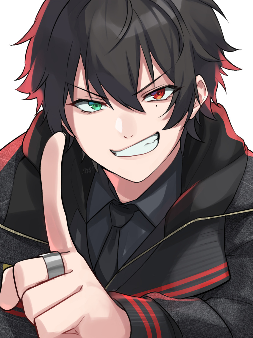 1boy black_hair collared_shirt fang green_eyes grin heterochromia highres hypnosis_mic jacket jewelry kishinaito long_sleeves looking_at_viewer male_focus mole mole_under_eye multicolored_hair necktie pointing pointing_at_viewer red_eyes red_hair ring shirt smile solo upper_body v-shaped_eyebrows yamada_ichiro