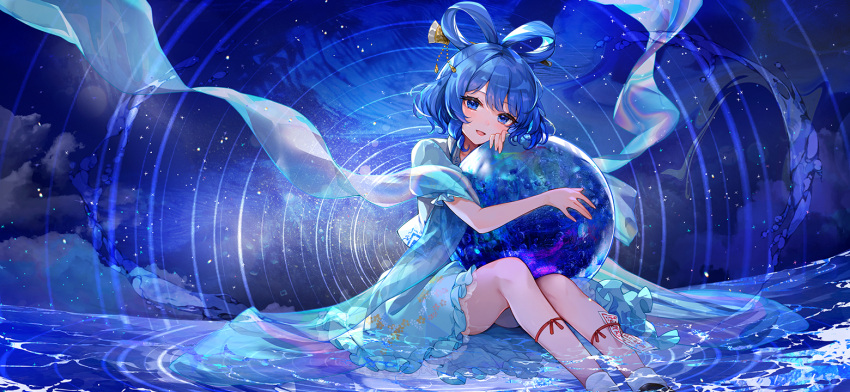1girl :d \||/ blue_dress blue_eyes blue_hair blush cloud dress feet_out_of_frame fingernails hair_ornament hair_rings hair_stick holding_orb hugging_object hutuu_(1121) kaku_seiga leg_ribbon looking_at_viewer night non-web_source official_art open_mouth puffy_short_sleeves puffy_sleeves red_ribbon ribbon ripples second-party_source short_hair short_sleeves sky smile soaking_feet solo star_(sky) starry_sky touhou touhou_gensou_eclipse water water_drop