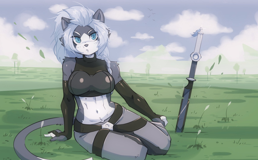 2023 anthro armwear big_breasts biped blue_eyes breasts clothed clothing digital_media_(artwork) felid feline female front_view fur glistening glistening_armwear glistening_breastplate glistening_clothing grey_body grey_ears grey_fur grey_tail hair hi_res looking_at_viewer mammal mcfli melee_weapon multicolored_body multicolored_fur sitting sitting_on_ground solo sword topwear two_tone_body two_tone_fur weapon white_body white_fur white_hair