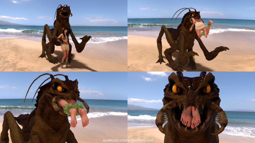 3d_(artwork) absurd_res alien arthropod beach blattodea cockroach digital_media_(artwork) duo edgar_the_bug female hi_res human insect male mammal men_in_black seaside sharp_teeth size_difference teeth vore wormsign yellow_eyes