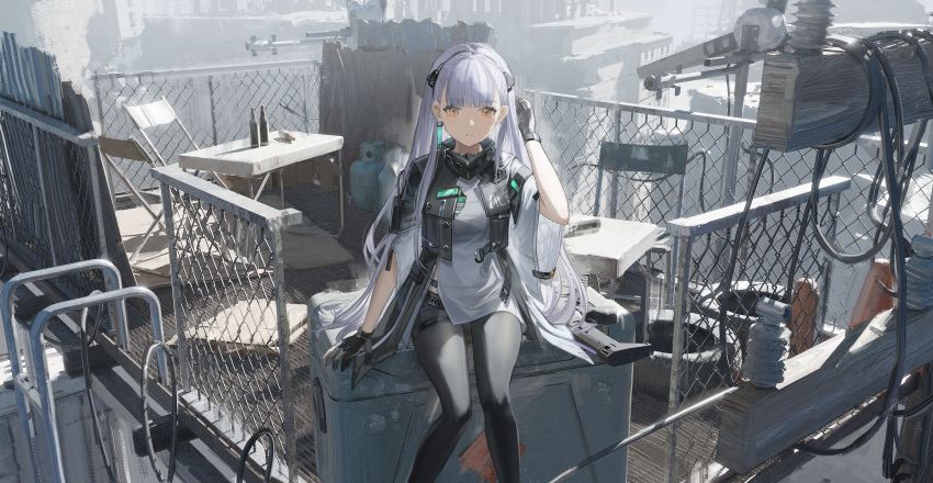 1girl absurdres ak-alfa ak-alfa_(girls'_frontline) assault_rifle ata-zhubo black_gloves black_jacket black_leggings bottle cable chain-link_fence chair day fence girls'_frontline gloves grey_hair grey_shirt gun highres jacket leggings long_hair looking_at_viewer on_roof orange_eyes outdoors propane_tank rifle scenery shirt sitting solo table weapon