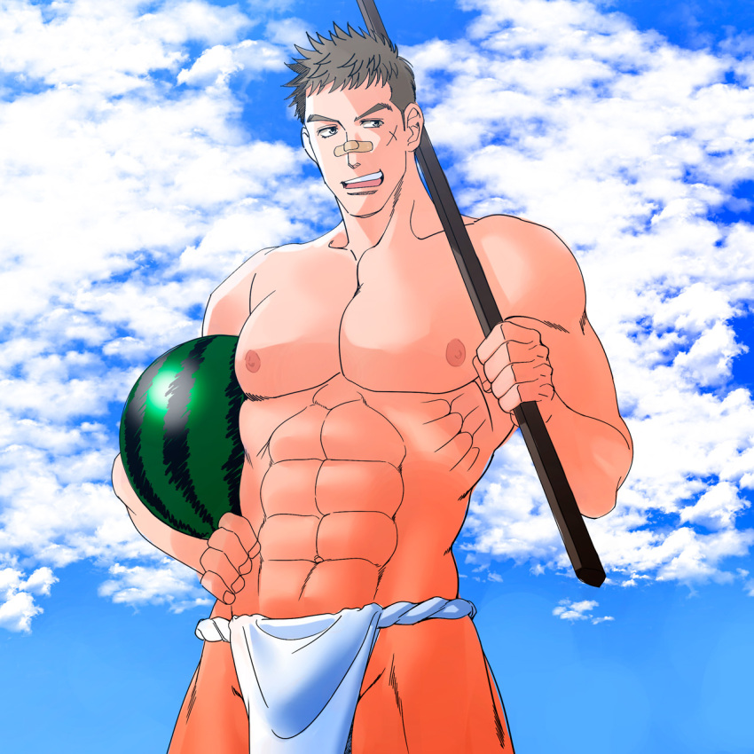 1boy abs bandaid bandaid_on_face bandaid_on_nose bara blue_sky brown_hair carrying carrying_under_arm cowboy_shot cross_scar food fruit fundoshi highres holding holding_pole japanese_clothes kawabuchi_sentarou looking_to_the_side male_focus male_underwear masanori muscular muscular_male navel nipples outdoors pectorals pole sakamichi_no_apollon scar scar_on_cheek scar_on_face short_hair sky smile solo underwear underwear_only watermelon white_male_underwear