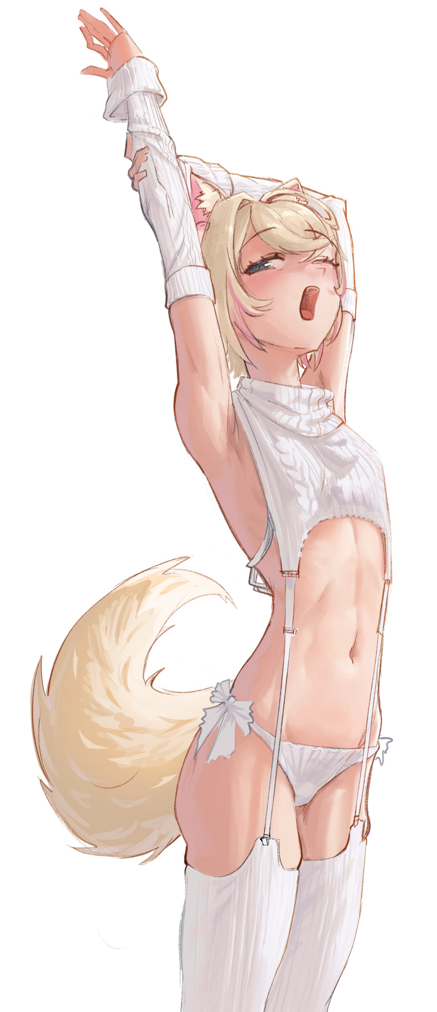 1girl absurdres animal_ear_fluff animal_ears arm_up armpits blonde_hair blush breasts commentary detached_sleeves dog_ears dog_girl dog_tail english_commentary garter_straps half-closed_eye highres hololive hololive_english looking_at_viewer mococo_abyssgard multicolored_hair navel one_eye_closed open_mouth panties pink_hair ribbed_thighhighs side-tie_panties simple_background sleeves_past_wrists small_breasts snaileater solo standing streaked_hair stretching sweater tail thighhighs turtleneck turtleneck_sweater two-tone_hair underwear virgin_destroyer_sweater virtual_youtuber white_background white_sweater white_thighhighs yawning