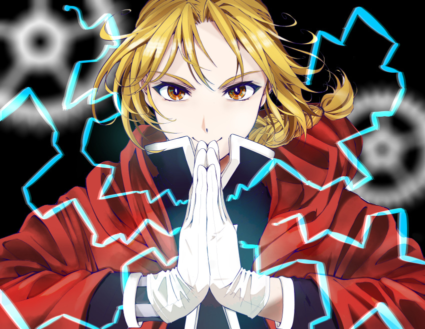 1boy absurdres blonde_hair braid brown_eyes edward_elric electricity fullmetal_alchemist gears high_collar highres jacket lavie_(cestbonlavie) long_hair long_sleeves looking_at_viewer male_focus own_hands_together smile solo straight-on upper_body