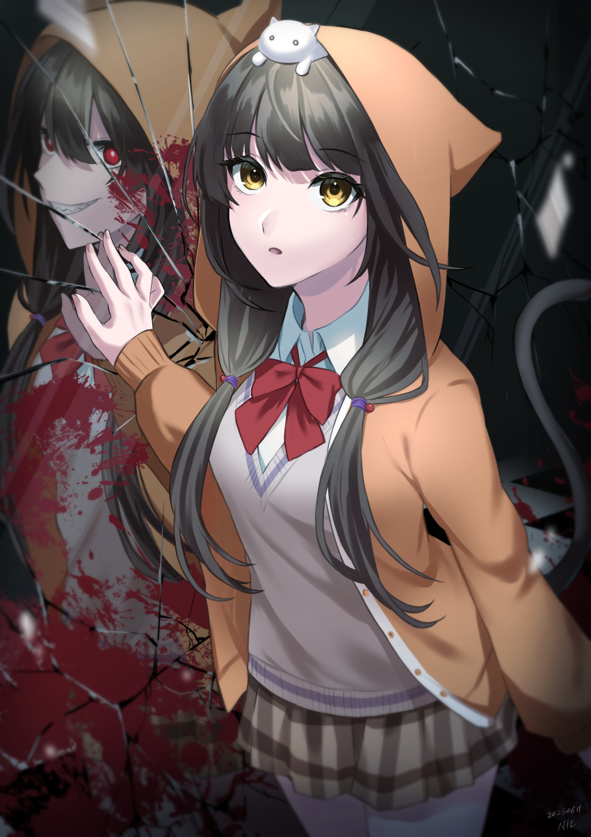 1girl absurdres animal_on_head asakura_karen_(heaven_burns_red) black_hair blood blood_on_mirror bow bowtie broken_glass broken_mirror cat cat_on_head cat_tail checkered_floor collared_shirt cowboy_shot dark_persona different_reflection evil_grin evil_smile glass grin hand_on_mirror heaven_burns_red highres hood hood_up hoodie long_hair long_sleeves looking_at_viewer low_twintails mirror nil_(pixiv_53614557) on_head open_mouth plaid plaid_skirt pleated_skirt red_eyes reflection school_uniform sharp_teeth shirt skirt smile sweater tail teeth twintails yellow_eyes