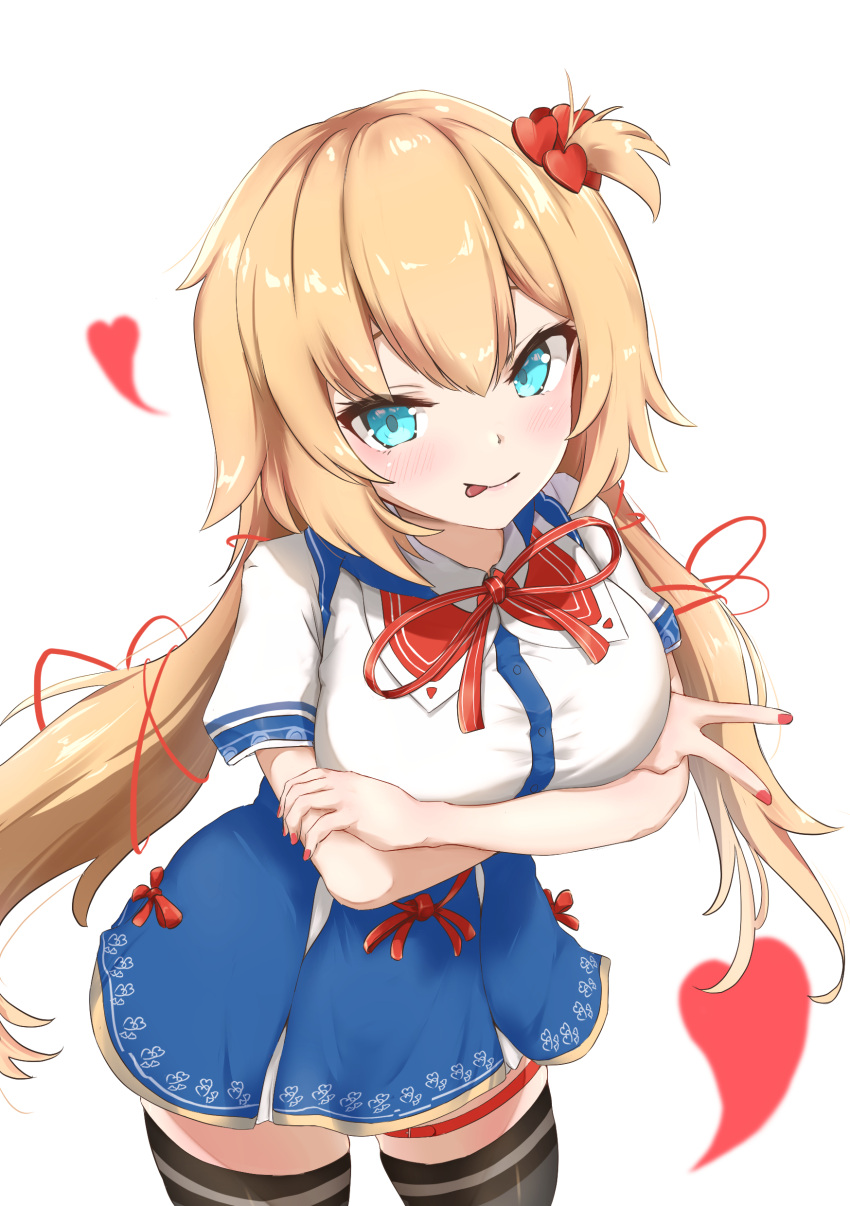 1girl absurdres akai_haato akai_haato_(1st_costume) arms_under_breasts black_thighhighs blonde_hair blue_eyes blue_skirt breasts collared_shirt hair_ornament hair_ribbon heart heart_hair_ornament highres hololive karefu large_breasts looking_at_viewer nail_polish one_side_up red_nails red_ribbon ribbon shirt skirt smile solo thighhighs tongue tongue_out twintails virtual_youtuber white_background white_shirt