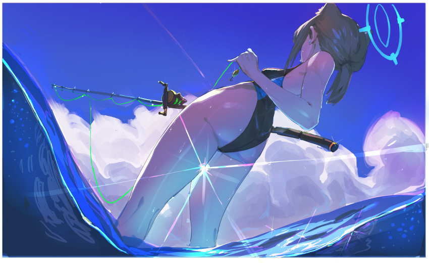 1girl absurdres animal_ear_fluff animal_ears ass black_one-piece_swimsuit blue_archive blue_halo breasts cloud cloudy_sky competition_swimsuit extra_ears fishing fishing_rod from_behind grey_hair halo highleg highleg_swimsuit highres holding holding_fishing_rod light_rays low_ponytail medium_hair multicolored_clothes multicolored_swimsuit niunaigaoban ocean official_alternate_costume one-piece_swimsuit outdoors shiroko_(blue_archive) shiroko_(swimsuit)_(blue_archive) sky solo standing swimsuit two-tone_swimsuit wading water wolf_ears