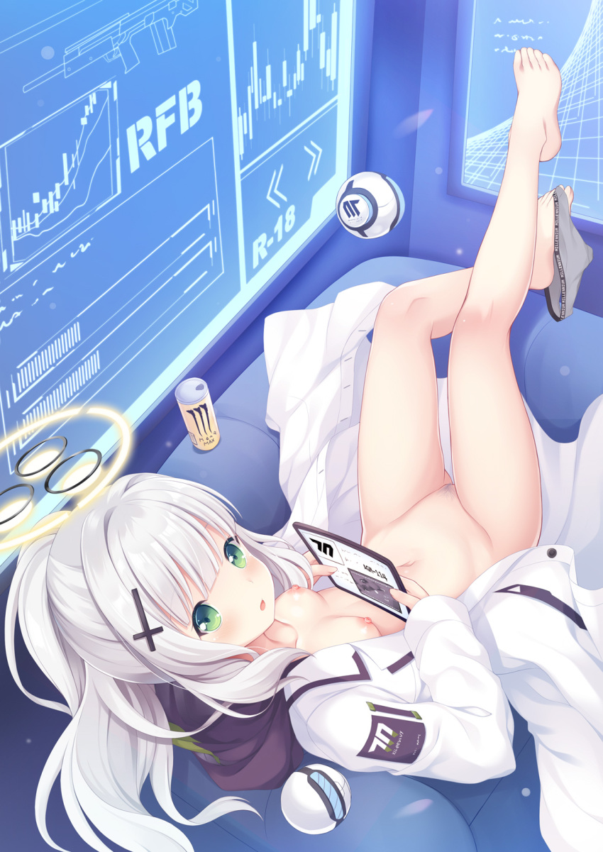 1girl barefoot blue_archive blush breasts can commentary couch cross_hair_ornament energy_drink female_pubic_hair full_body green_eyes grey_hair grey_panties groin hair_ornament halo hare_(blue_archive) highres holding holding_tablet_pc indoors jacket legs_up long_hair long_sleeves looking_at_viewer looking_back lying monster_energy naked_jacket navel nipples on_back on_couch open_clothes open_jacket panties panties_around_one_leg parted_lips ponytail pubic_hair pussy robot sakuraba_hikaru_(loveindog) sidelocks small_breasts solo tablet_pc toes underwear white_hair white_jacket yellow_halo