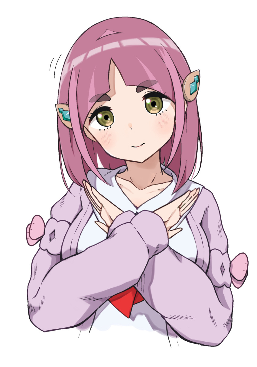 1girl alternate_breast_size arched_bangs breasts cardigan closed_mouth collarbone collared_shirt commentary_request crossed_wrists eyelashes hair_ornament hairclip head_tilt highres lacey_(pokemon) large_breasts looking_at_viewer nagyiiie open_cardigan open_clothes pokemon pokemon_sv purple_cardigan purple_hair shirt simple_background solo upper_body white_background white_shirt