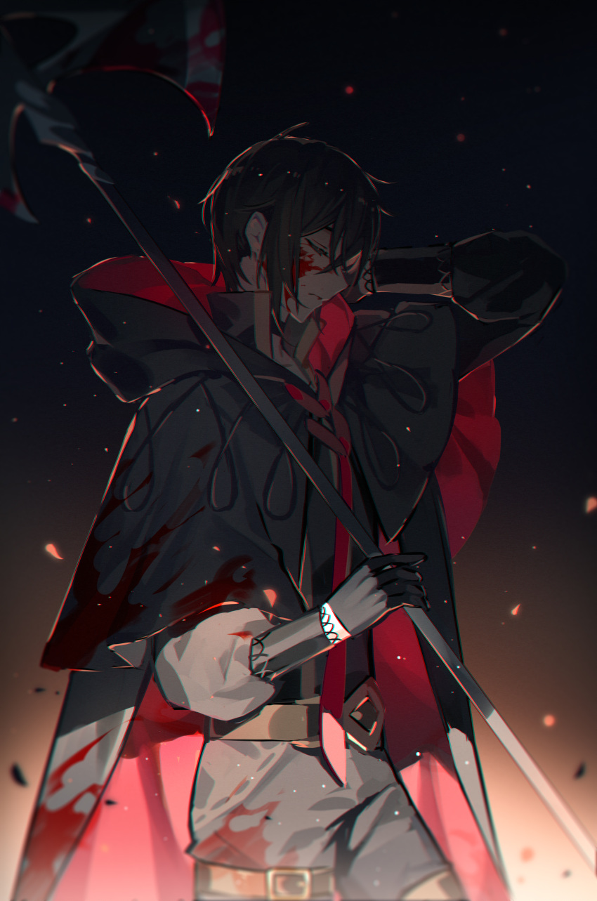 1boy absurdres adjusting_hood axe ayn_(for_all_time) battle_axe belt black_background black_choker black_cloak black_gloves black_hair black_vest blood blood_on_clothes blood_on_face blood_on_weapon choker cloak closed_eyes cowboy_shot embers for_all_time from_side gloves gradient_background grey_pants grey_shirt hair_between_eyes highres holding holding_axe holding_weapon hood hood_down hooded_cloak kazenemuri light_particles long_sleeves male_focus over_shoulder pants parted_lips popped_collar profile puffy_long_sleeves puffy_sleeves removing_hood shirt short_hair solo standing thigh_belt thigh_strap two-sided_cloak two-sided_fabric vest weapon weapon_over_shoulder