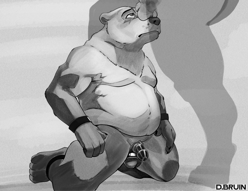 4_fingers 4_toes ankle_cuffs anthro artist_name ball_stretcher balls bear black_and_white bovid bovine chastity_cage chastity_cage_only chastity_device claws crotch_in_face cuff_(restraint) dbruin digital_media_(artwork) duo ears_back ears_down feet fingers flaccid front_view frown genitals humanoid_genitalia humanoid_penis humiliation kneeling looking_up male male/male mammal monochrome moobs nude on_ground overweight overweight_male penis pivoted_ears plantigrade restraints shadow simple_background snow_the_bear spread_legs spreading standing submissive submissive_male toes white_background