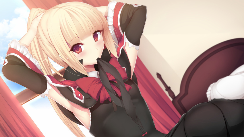 blazblue blonde_hair bow daiaru detached_sleeves long_hair mouth_hold ponytail rachel_alucard red_bow red_eyes ribbon solo
