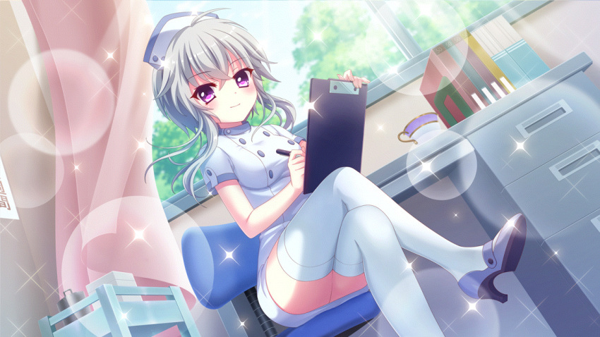 1girl blue_footwear book bookend breasts clipboard closed_mouth crossed_legs cup curtains day dot_nose dutch_angle file_cabinet film_grain from_below game_cg grey_hair hat high_heels holding holding_clipboard holding_pen ichijou_ruka indoors izumi_tsubasu lens_flare looking_at_viewer medium_breasts non-web_source nurse nurse_cap official_art on_chair pen purple_eyes re:stage! short_hair_with_long_locks short_sleeves sitting smile solo sparkle swivel_chair teacup thighhighs tree white_thighhighs window writing zettai_ryouiki