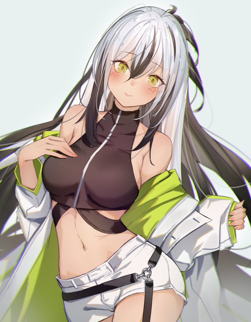 1girl absurdres black_hair blush clothes_over_shoulder coat cropped_shirt fate/grand_order fate_(series) green_coat green_eyes highres jacket looking_at_viewer multicolored_clothes multicolored_coat multicolored_hair multicolored_jacket navel short_shorts shorts simple_background solo striped_suit suit two-tone_coat two-tone_hair two-tone_jacket uesugi_kenshin_(fate) uesugi_kenshin_(second_ascension)_(fate) ura_illust white_background white_hair white_jacket white_shorts
