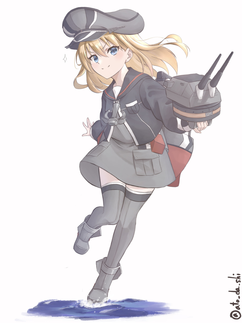 1girl absurdres adapted_turret aged_down anchor atodashi bismarck_(kancolle) blonde_hair blue_eyes cannon dress full_body grey_dress grey_thighhighs hat highres kantai_collection long_hair long_sleeves military_hat peaked_cap rigging smile solo standing standing_on_liquid thighhighs