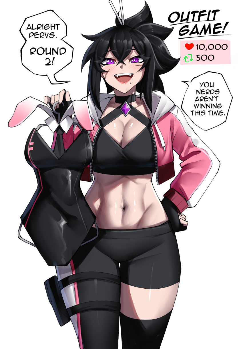 1girl abs absurdres black_gloves black_hair black_pants breasts cleavage cropped_jacket fingerless_gloves gloves hand_on_own_hip highres jacket large_breasts lips looking_at_viewer mole mole_under_mouth navel open_mouth original pants pink_jacket purple_eyes rageman709 scar scar_on_face short_hair simple_background solo speech_bubble white_background