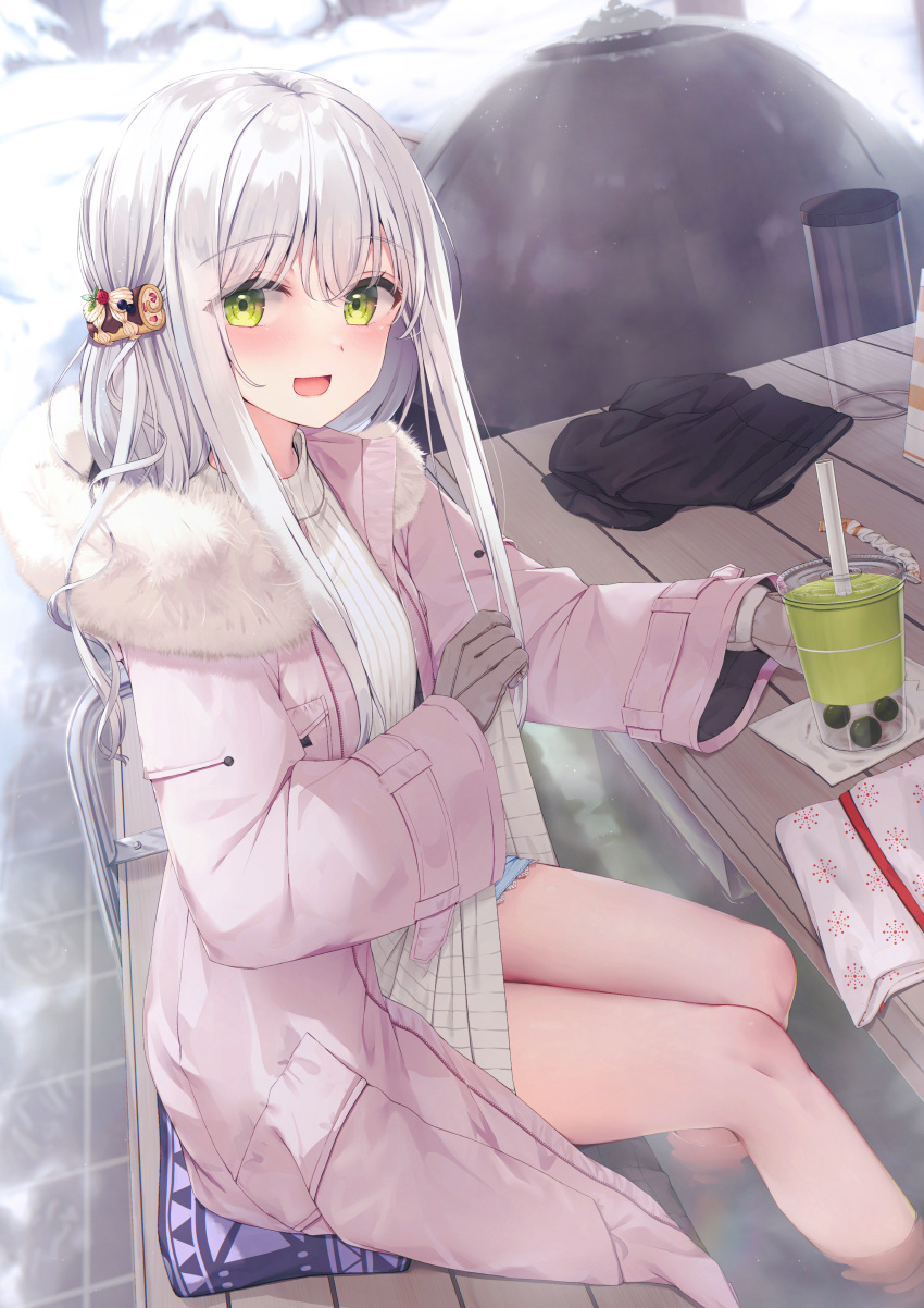 1girl :d absurdres ashiyu blurry blurry_background breasts brown_gloves commentary_request cup day depth_of_field disposable_cup drink drinking_straw food-themed_hair_ornament foot_bath fur-trimmed_jacket fur_trim gloves green_eyes hair_between_eyes hair_ornament highres jacket long_sleeves looking_at_viewer open_clothes open_jacket original outdoors pink_jacket ribbed_sweater small_breasts smile snow solo sweater tsuchikure turtleneck turtleneck_sweater water white_hair white_sweater wide_sleeves