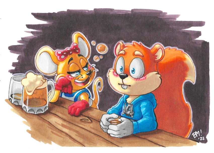 2023 7:5 alcohol anthro bananameteor bar beer beer_mug beverage black_nose blue_clothing blue_hoodie blue_topwear blush bubble clothing colored_pencil_(artwork) conker conker's_bad_fur_day constricted_pupils coutershade_fur crossover diddy_kong_racing donkey_kong_(series) drunk drunk_bubble duo female fluffy fluffy_tail fur gloves handwear holding_object hoodie interspecies looking_at_another male male/female mammal mouse murid murine nintendo open_mouth open_smile orange_body orange_fur pipsy_the_mouse pupils rareware red_clothing red_gloves red_handwear rodent sciurid signature small_pupils smile substance_intoxication tail tan_body tan_fur topwear traditional_media_(artwork) tree_squirrel white_clothing white_gloves white_handwear yellow_body yellow_fur yellow_tail