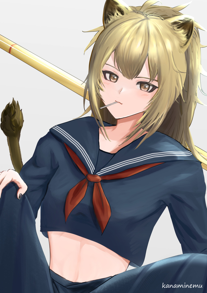 1girl animal_ears arknights artist_name black_serafuku blonde_hair candy crop_top eyelashes food highres kanaminemu lion_ears lion_girl lion_tail lollipop long_hair looking_at_viewer medium_bangs midriff neckerchief ponytail red_neckerchief red_sailor_collar sailor_collar school_uniform serafuku sidelocks siege_(arknights) simple_background solo stomach tail white_background yellow_eyes