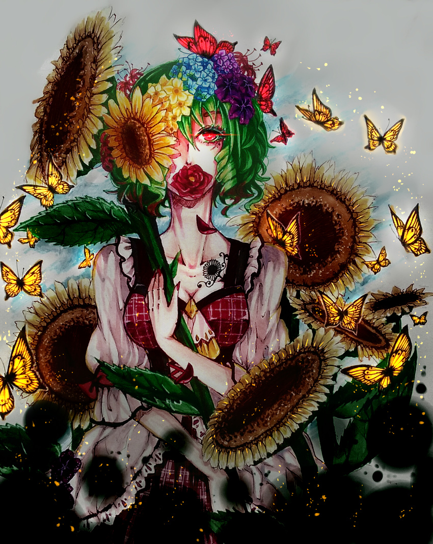 alternate_costume ascot blue_sky bow breasts bug butterfly cleavage cloud collarbone colored_eyelashes curly_hair dress drill_hair eyelashes fingernails flower flower_in_mouth flower_request glowing glowing_butterfly glowing_eye green_hair hair_flower hair_ornament highres houraisan_chouko hydrangea insect kazami_yuuka light_particles light_trail looking_at_viewer medium_breasts multicolored_hair nail_polish neck one_eye_closed petals plaid plaid_dress red_eyes red_hair red_nails sharp_fingernails short_hair sky solo spider_lily streaked_hair sunflower tattoo touhou violet_(flower)