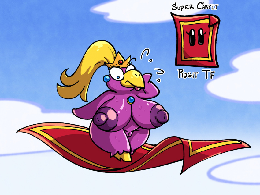 alternate_species anthro areola avian beak big_breasts bird blonde_hair blue_eyes bodily_fluids breasts carpet chest_gem cloud cloudscape crown ear_piercing eyebrows feathers female genitals hair headgear hi_res huge_breasts magic_carpet mario_bros nintendo nipples nude pidgit piercing ponytail princess_peach purple_areola purple_body purple_feathers purple_nipples pussy raised_eyebrow sachasketchy short_stack sky solo sweat sweatdrop text thick_thighs wide_hips